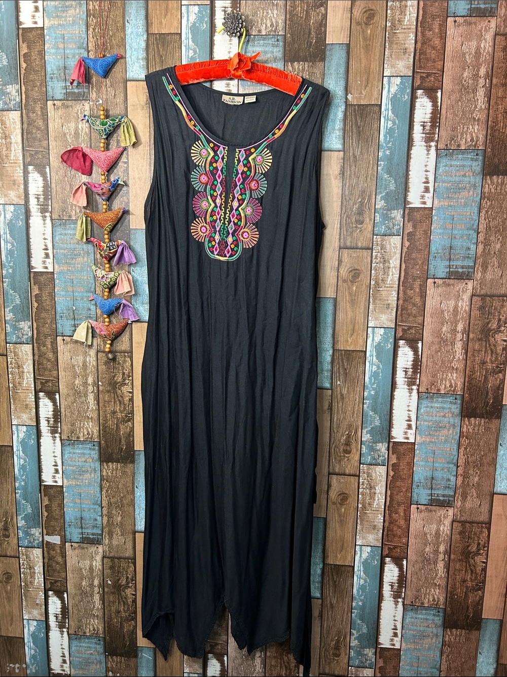 Sleeveless Black Maxi Dress with Colorful Embroidered Yoke